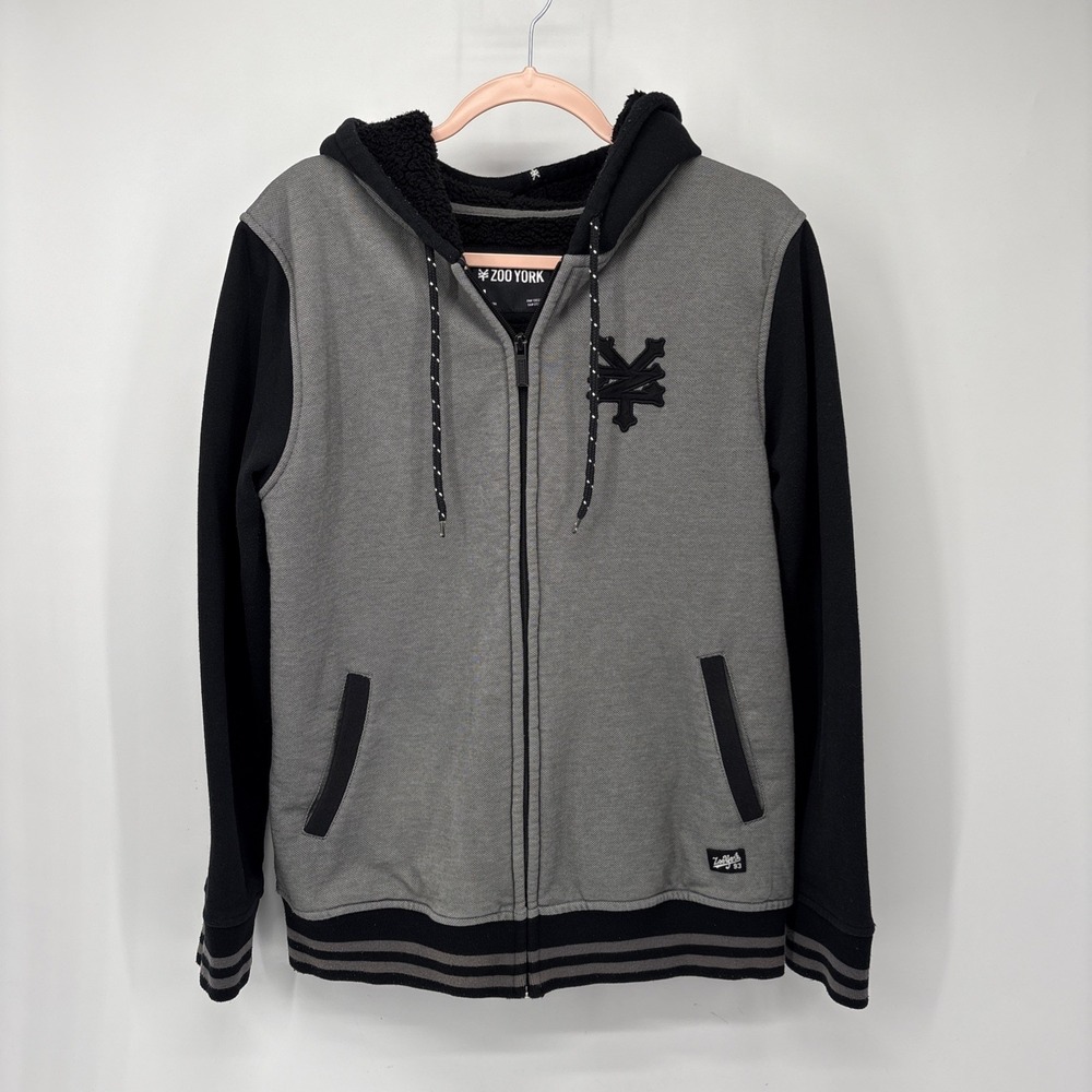 Zoo York Grey Sherpa‎ Lined Hoodie Sweatshirt Men's Medium Logo Jacket Full Zip